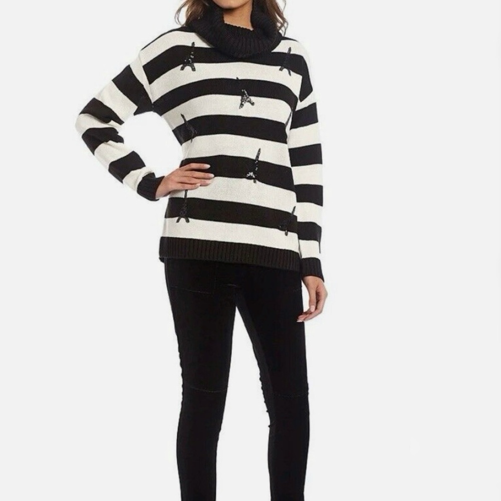 NWT Karl Lagerfeld Eiffel Tower Sequined Sweater Black & White